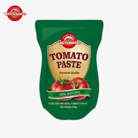 Стеклянный пакет состоит из 250 граммов сладкой и вкусной томатной пасты с чистотой от 30% до 100%